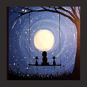 Print Art - Framed Painting of Full Moon Night Girl with Cats on Swing for Home, Office, Wall Decor in Home Decorative Gift Item Digital Reprint Painting (13 inch x 13 inch)