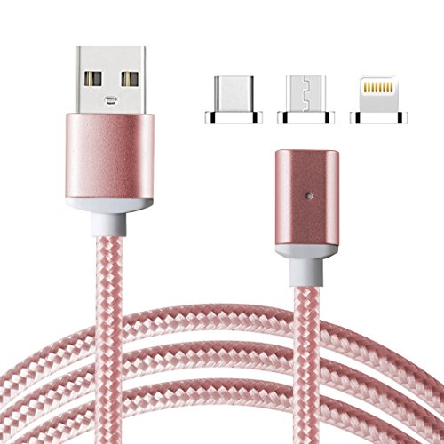 Lively Life 3in1 Magnetisches USB Ladekabel Datenkabel Type C Lightning und Micro USB Nylon braided Kabel für iPhone & Android Smartphones,iPad Tablets ,Macbook Air/Pro,Samsung Galaxy ,LG ,Sony Xperia,Google Pixel,Huawei ,HTC ,OnePlus, Motorola Moto,MP3 players, GPS, Camera and More(3.3ft/1m ,Roségold)