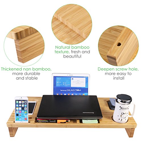 OULII Bambus-Monitorständer, erhöhter Holz-Schreibtisch für den Laptop mit Ablagefächern - 2