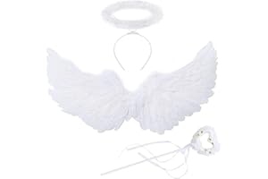 Shengruili Engelsflügel Weiß,Engel Kostüm Damen mit Heiligenschein und Zauberstab,Engel Flügel,Kostüm Engel,Weiße Flügel Mädchen,Engelsflügel Deko,Federflügel Engel,Engels Flügel Kostüm