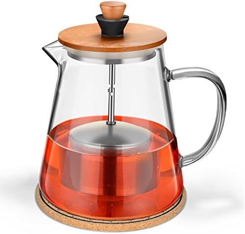 Tea Pot with Infuser Set - Borosilicate Glass Teapots Kettle with Tea Strainer and Coaster- Stovetop Safe -Glass Tea Maker Filter for Loose Leaf Iced Blooming