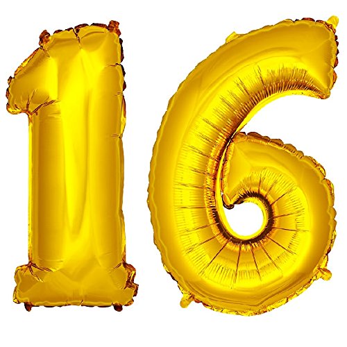 DekoRex ® Folienballon Zahlenballon Heliumballon Luftballon Geburtstag Deko 80cm Zahl Gold 16