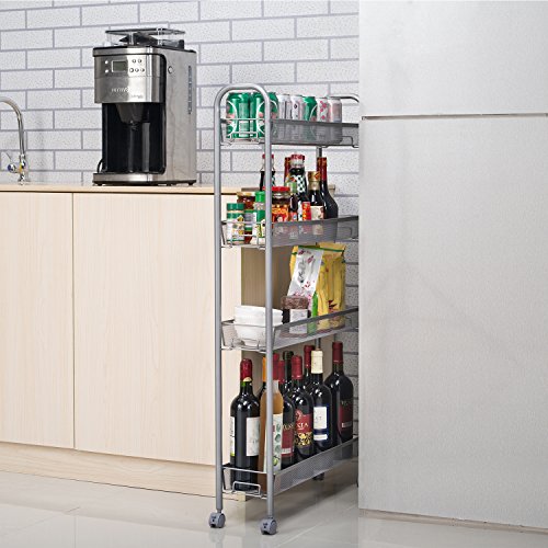 HOMFA Rollwagen Nischenwagen Allzweckwagen Küchenwagen Küchenregal Badregal Standregal mit Rollen 4 Etagen 55x15x105cm silbergrau (Silbergrau) - 5