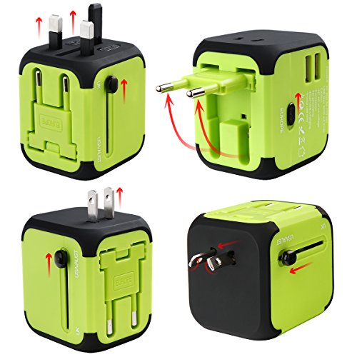 Universal Reiseadapter USB Ladegerät Ladeadapter für US UK AU EU multinationaler ladestecker universal Netzteil mit Dual USB und Schmelzsicherung (Grün) - 3