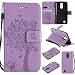 Produktbild LMAZWUFULM Hülle für LG Mobile K8 2017 / LG M200N (5,0 Zoll) PU Leder Magnetverschluss Brieftasche Lederhülle Friedliche Harmonische Schmetterlinge-Baum und Katze Prägung Design im Bookstyle mit Standfunktion und Karten Slot Schutzhülle Ledertasche Flip Cover für LG Mobile K8 2017 / LG M200N (5,0 Zoll) Lavendel