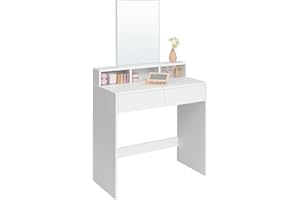 VASAGLE Dressing Table with Large Rectangular Mirror, Vanity Table with 2 Drawers and 3 Open Compartments, Vanity Table, Modern Style, White RDT113W01