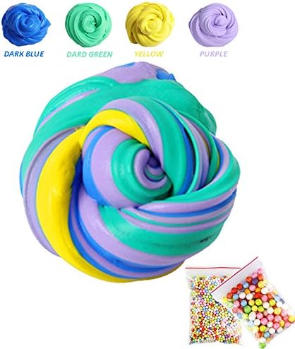 Mitemix Fluffy Slime with Beads, Soft Jumbo Floam Slime Scented Stress Relief Toys Sludge Toy Art DIY Crafts Gift for Kids and Adults, Soft Stretchy and Non-Sticky, 4 Colors (Blue+Green+Yellow+Purple)