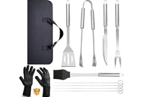 AMALAN EU Kit Barbecue 9 Pièces en Acier Inoxydable avec Gants Résistants à 800°C (1472°F) - Ustensiles de Cuisine pour Grillade, Camping, Cadeau Homme - Sac de Transport Inclus