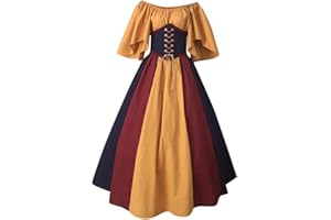 JSIJEPA Medieval Costume Women Vintage Off Shoulder Short Batwing Sleeve Maxi Long Dress Lace-up Tie Front Elegant Dress Halloween Party Cosplay Costume Dress Plus Size UK