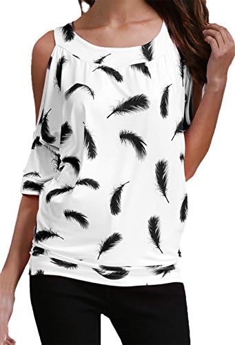 Jusfitsu Women Summer Feather Printed Off Shoulder Short Sleeve Top T-shirt Blouse