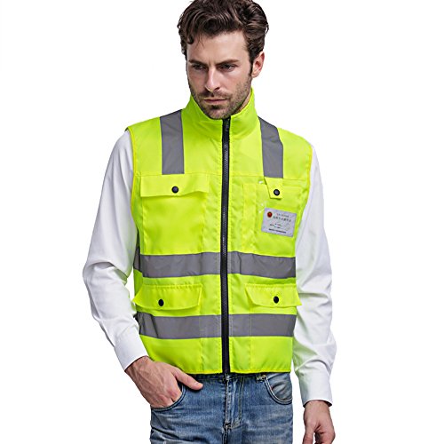 Babimax Warnwesten gelb knitterfrei reflektierende Weste Sicherheitswarnwesten mit vier Taschen im Vornen mit Reißverschluss Standardgröße Größe L Hohe Sichtbarkeit komfortabel luftdurchlässig