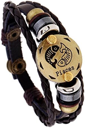 Qinyin Men’s Womens Retro Punk 12 Constellation Zodiac Sign Pisces Bracelet Braided Leather Alloy Charm Bracelet Multilayer Cuff Wristband Bangle