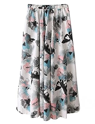 YuanDian Femme Ete Casual Boheme Retro Littérature Et Art Style Imprimee Fleur Lin Grand Swing Longue Jupe En Vrac Taille Elastique A-line Fluide Maxi Jupes Encre Papillon Taille Unique