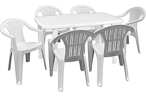 PALUPLUS Set Tavolo Ovale con 6 Sedie in Plastica da Giardino di colore Bianco, Misura tavolo 136x85x73 cm, Sedie Impilabili con Braccioli, Arredo da Esterno, Terrazzo, Made in Italy -FAR/LYR