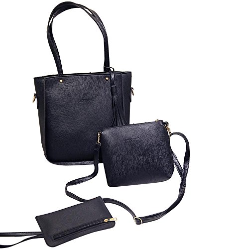 Preisvergleich Produktbild Kafe Loveso Bag Damen Mädchen Mode Quasten Leder Handtasche Umhängetasche + Crossbody Tasche + Clutch Wallet (Schawrz)