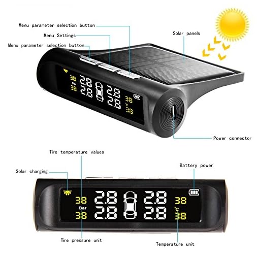 Teepao – Sistema TPMS di monitoraggio della pressione dei pneumatici wireless, per auto e camper,  impermeabilità IPX7, con display digitale LCD, 4 sensori esterni per pressione e temperatura , funzione di auto allarme, ricarica tramite pannello solare e USB