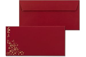 NEUSER PAPIER 50 buste per lettere, con stelle metallizzate, formato DIN lungo, con pioggia stellata, colore rosso scuro, con chiusura adesiva, 120 g/m², 110 x 220 mm, ideali per Natale