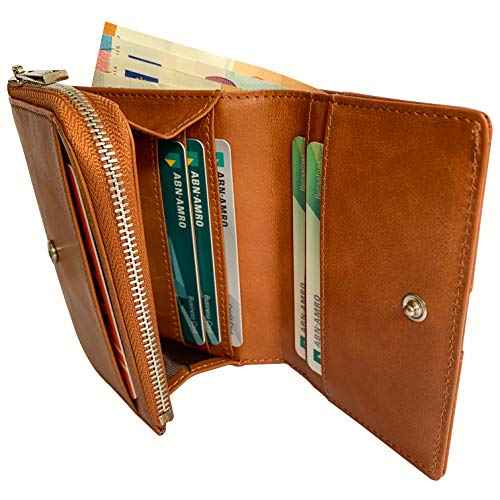 Portefeuille en Cuir de Vachette Véritable avec Poche à Monnaie Zippée | Porte-Cartes et Porte-Billets pour Femmes avec Boîte-Cadeau | Blocage RFID | Marron