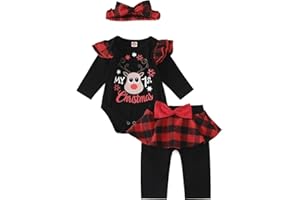 Asmea Vestito Natale Neonata il Mio Primo Natale Completo Natale Neonato,Abbigliamento Neonato Natale Renna Tutina Natale Neonato + Pantaloni + Fascia Costume Natale Neonato 0-18 Mesi