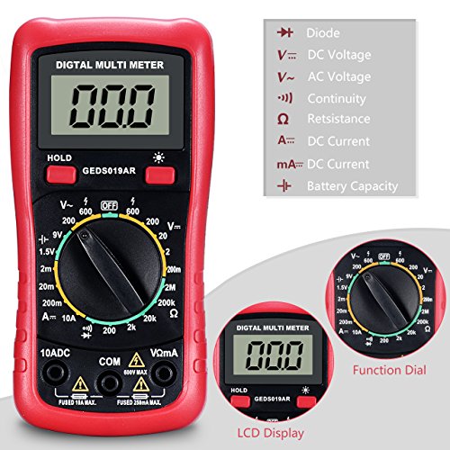 Digitaler Multimeter, TopElek Digital Multimeter mit Batterietestfunktion, Amp / Volt / Ohm Meter, Manual-ranging Multitester / VOM für Messspannung / Strom / Widerstand / Frequenz / Diode / Durchgang / Diode mit LCD-Hintergrundbeleuchtung-Anzeige, Rot - 2