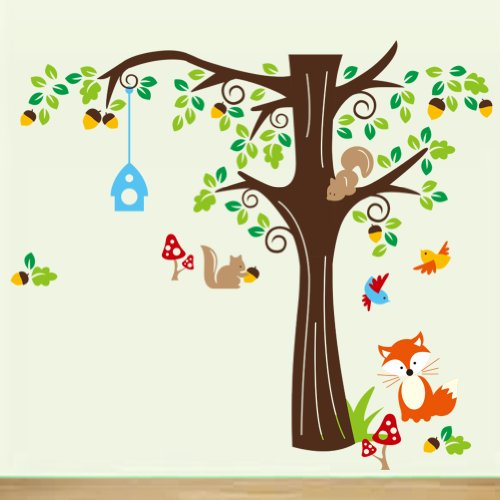 XXL Jungle Waldtier mit Fuchs, Vögel und Eichhörnchen spielen auf bunten Baum Wandtattoo Wandaufkleber für Kinder Kindergarten - 5