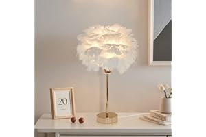 KUOP Nachttisch lampe Moderne Tischleuchte E27 Schlaflicht Kinder Nachtlicht Warmweiß Federlampe Künstliche Federn Flauschige Weiß Dekolampe für Schlafzimmer Wohnzimmer Room Decor, 30cm x 38cm