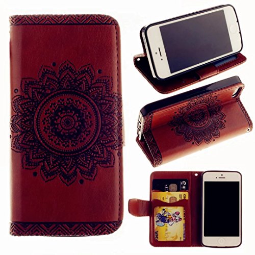 iPhone SE Hülle, iPhone 5 5S Schutzhülle, MUTOUREN für iPhone SE 5 5S Handyhülle Brieftasche Gürtelhändytasche Bookstyle Wallet Flip Case Lederhülle mit Standfunktion Kartenfach Magnetic lock Ultra dünn Wallet Case Geprägtes Muster Henna Indische Sonne Mandala Rraun + Stylus Pen - 2