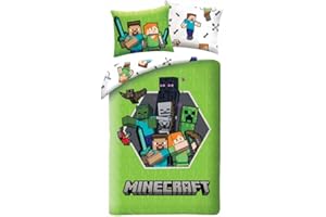 HALANTEX Parure da letto Minecraft – 140 x 200 cm + 70 x 90 cm – 100% poliestere microfibra – copripiumino + federa – Universo pixelato e mostri iconici