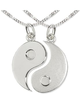 CLEVER SCHMUCK-SET 2 Silberne große geteilte Partneranhänger Yin Yang Ø 20 mm matt und glänzend mit 2 Ketten Panzer...