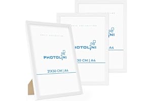 PHOTOLINI Marcos A4 21x30 cm blanco madera MDF, set de 3 marcos para pósteres, cristal acrílico, para colgar y poner de pie, incluye accesorios - para fotos, láminas y pósteres