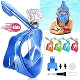 HINATAA Masque de Plongée pour Enfant, Couleur Masque Snorkeling Plein Panoramique Visage 180°Visible, Protection Anti-Fog Anti-Fuite Sécuritaire Compatible GoPro, pour Enfants 4-12 Ans (Bleu)