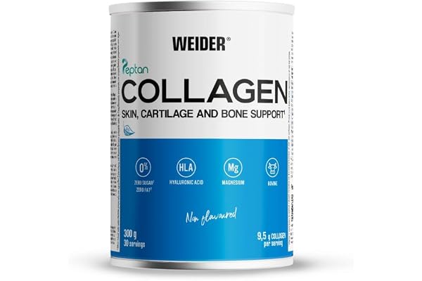 Weider Collagen. Peptide de collagène hydrolisé Peptan Enrichi d’acide hyaluronique, de magnésium et de vitamine C. Pour la santé des os et des articulations. Sans arôme. 300g