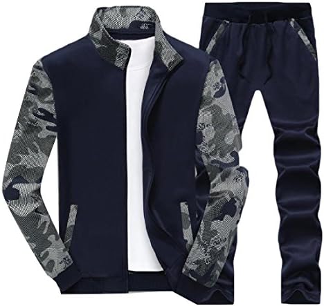 Aprilley Mens Plus Size Casual Zips Stand Collar Camo Tracksuit Set -  Blue - 