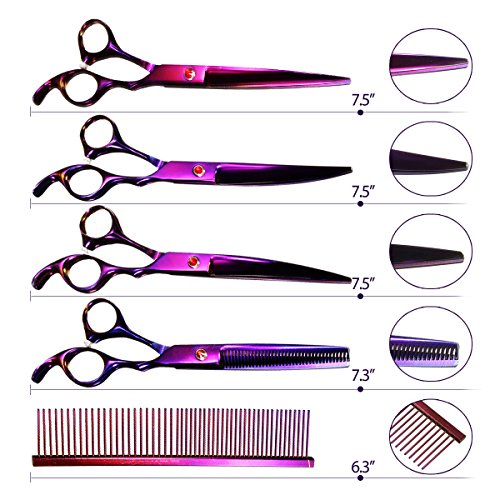 Pet-Grooming-Scissors-Kit-Focuspet-5-PCS-Cutting-Thinning-Curved-Scissors-Comb-with-Pouch-Purple