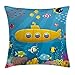 Produktbild BHWYK Yellow Submarine Throw Pillow Cushion Cover, Coral Reef with Colorful Fish Ocean Life Marine Creatures Tropic Kid, Decorative Square Accent Pillow Case, 18 X 18 inches, Blue Yellow Pink