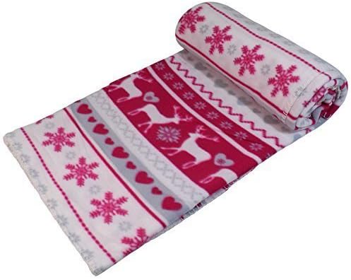 NORDIC HEART DEER BLANKET STITCH PINK WHITE CHRISTMAS FLEECE THROW 150CM X 200CM
