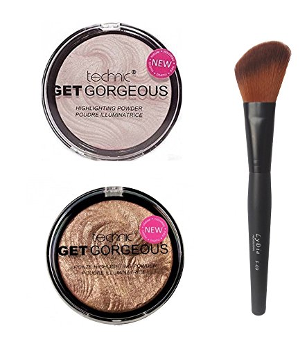 Technic Get Gorgeous Highlighting Powder 12g + Technic Get Gorgeous Bronze Highlighting Powder 12g + LyDia® Angled Highlighter/Face Contour/Blush/Powder Brush F-09