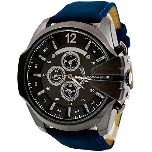 Herren Gro Kunstleder Armband Edelstah Sportuhr Analog Quarz Armbanduhr Blau Band und Schwarz Gehuse Herren Gro Kunstleder Armband Edelstah Sportuhr Analog Quarz Armbanduhr Blau Band und Schwarz Gehuse