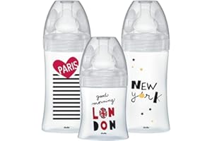 Dodie Geburts-Set mit 3 Babyflaschen Antikolik Sensation+ aus Glas (1 x 150 ml; 2 x 270 ml), flacher Sauger, BPA-frei, City