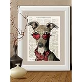 Kunstdrucke, Hund Weimaraner auf Antike Buchseite,#HU05