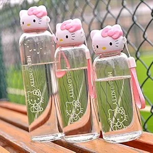 3nh Pink Sports Water Bottle Cute Lovely Glass Bottle for Water for Girls Student with Grip Strap & Cover Drinkware: 350ML, Clear