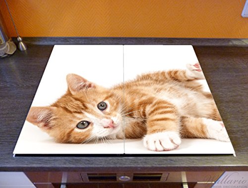 Wallario Herdabdeckplatte / Spritzschutz aus Glas, 2-teilig, 60x52cm, für Ceran- und Induktionsherde, Süße Katze mit großen Augen – rot weiß getigert - 2