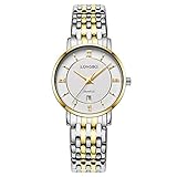Longbo Luxus Damen Gold Full Edelstahl Band Business Uhren wasserdicht römischen numral Frau Analog Quarz-Armbanduhr Auto Datum Kalender weiß Zifferblatt Paar Kleid Armbanduhr