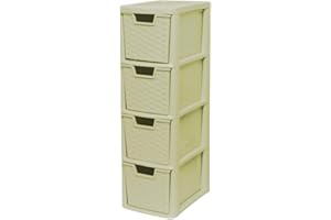 KYY'Z KYY’Z 4 Drawer Storage Unit Rattan Effect A5 Medium Plastic Storage Drawer Unit 4 Tier Storage Cabinet Chest Tower Home Kitchen Office School Garage Living (Rattan Cream, 4 Drawers Medium)