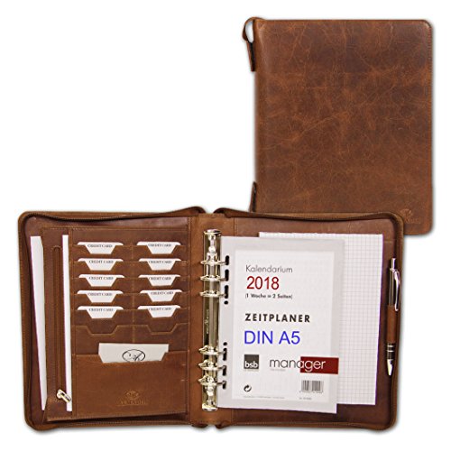 ALMADIH Leather Folder A5 Organiser + calendar 2018 - Writing Pad Personal Zipped Organizer Conference Folder System Planer Ring Binder Zipper Portfolio Folio Workbook Datebook Planer Schedule Brown