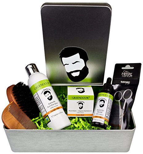 LUXUS Bartpflege Set MUENCHEN zum SET-SPARPREIS - Greendoor Bio Bartseife 200 ml + Bio Bartöl 50 ml + Veganer Bartbalsam 50 ml + Bartbürste Birnbaumholz groß + Bartkamm Holz Handarbeit + Bartschere aus Solingen + Metall-Geschenkbox - all natural, Bartpflegeset Geschenkset Geschenk Geburtstag Mann Vollbart Bart Pflege Sets - versandkostenfrei, stets ein hochwertiges Geschenk