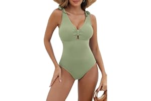 JASAMBAC One Piece Womens Swimming Costumes Cut Out Swimsuit Soft Rib Bathing Suits Padded Monokinis V Neck Swimwear with Adjustable Bow Shoulder Strap for Beach Water Party