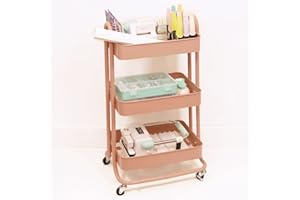 Craftelier - Metalowy wózek organizacyjny z 3 tacami | 4 kółka obrotowe o 360° z hamulcami | Maks. nośność: 2,99 kg | Odległość między tacami 25,5 cm | Rozmiar 78 x 40 cm - kolor łososiowy