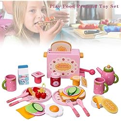 Mississ Cuisine Jouets, 32PCS Enfants Cuisine Set, en Bois Nourriture Toaster Lait Couverts Prétendre Moule Jeu pour Fille Enfants Enfants serviceable