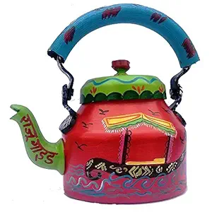 iHandikart Hand Painted Aluminium Decorative Multicolour Handpainted 1 L Tea Kettle (22 cm, Orange)